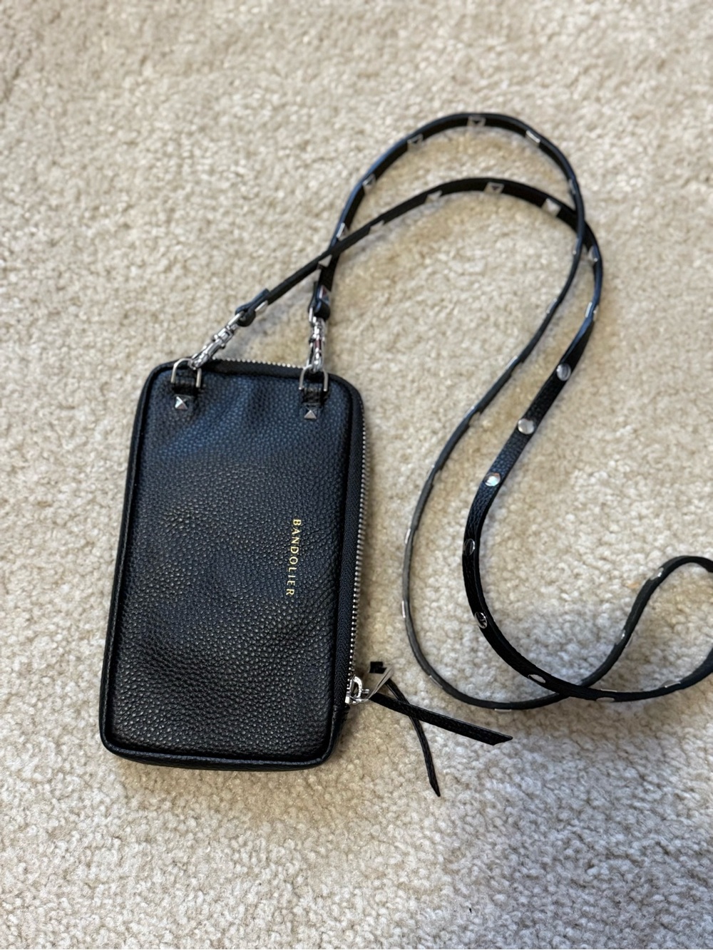 Bandolier Black Pebbled Leather Crossbody Wallet with Studded Strap - Picture 3 of 6